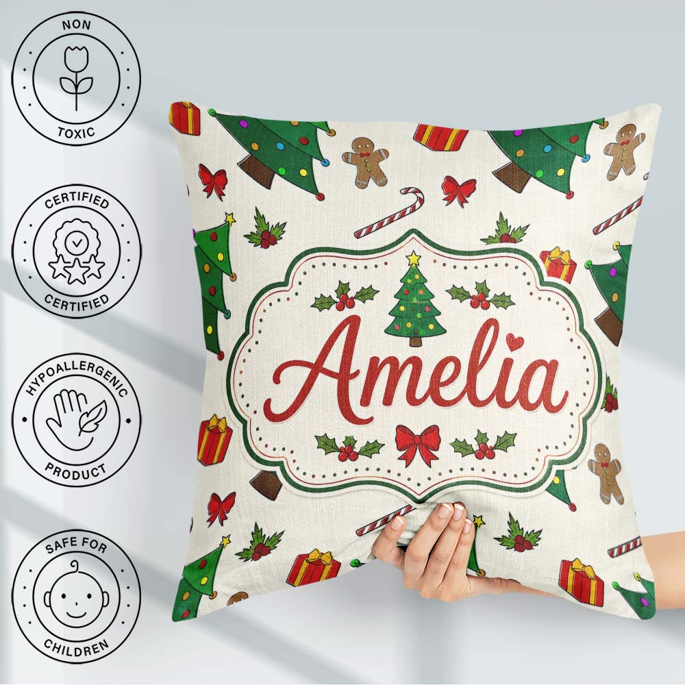 Custom Name Christmas Trees with Gifts Candy Canes and Seamless Square Filled Cushion Throw Pillow Sofa Bed Home Decor Zip Washable UK Made