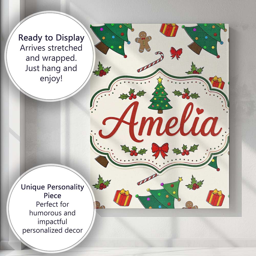 Personalised Name Cute Christmas Trees with Custom  Bespoke Interior Contemporary Canvas Wall Art Print Decor Picture Ready to Hang