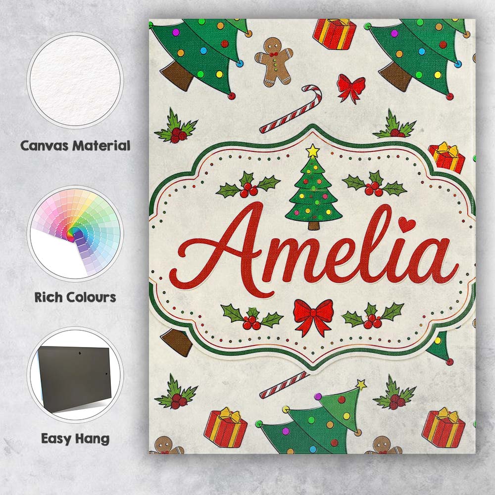 Personalised Name Cute Christmas Trees with Custom  Bespoke Interior Contemporary Canvas Wall Art Print Decor Picture Ready to Hang