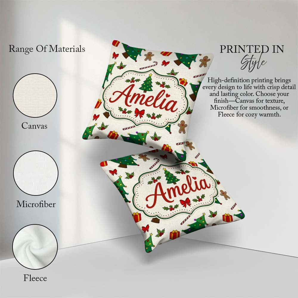 Custom Name Christmas Trees with Gifts Candy Canes and Seamless Square Filled Cushion Throw Pillow Sofa Bed Home Decor Zip Washable UK Made
