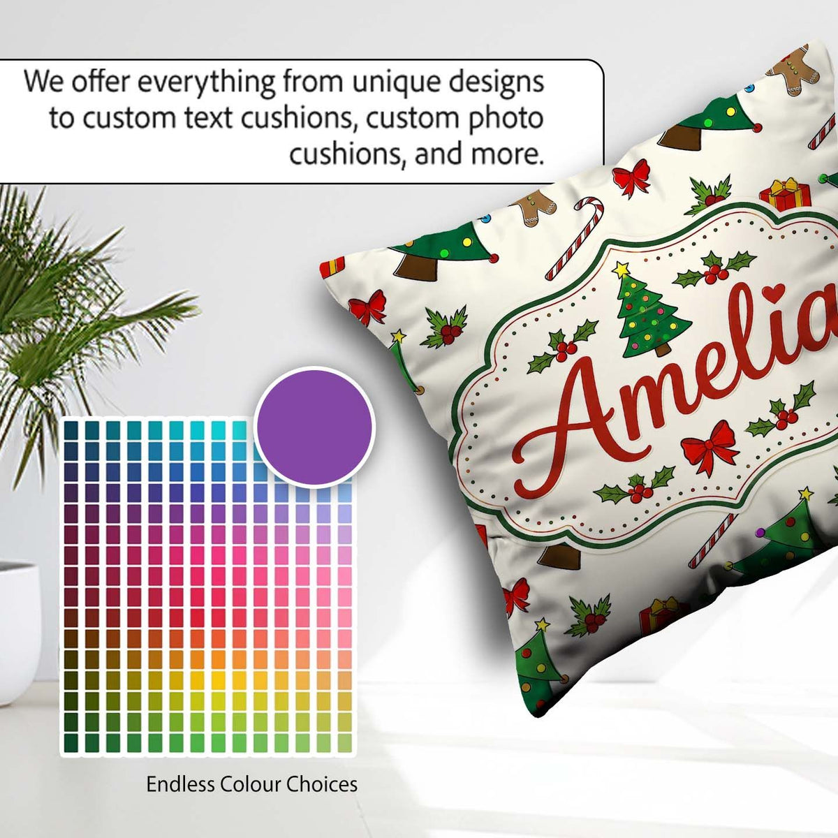 Custom Name Christmas Trees with Gifts Candy Canes and Seamless Square Filled Cushion Throw Pillow Sofa Bed Home Decor Zip Washable UK Made