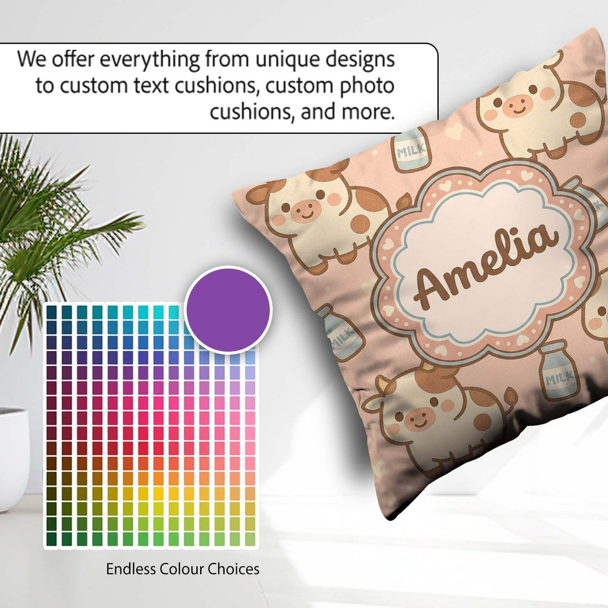 Custom Name Cute Cow Milk Cartoon Farm Animal Pattern Decor Square Filled Cushion Throw Pillow Sofa Bed Home Decor Zip Washable UK Made