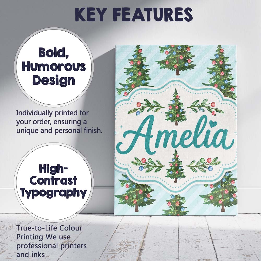 Personalised Name Decorated Christmas Tree Custom  Unique Gift Idea Elegant Feature Canvas Wall Art Print Decor Picture Ready to Hang