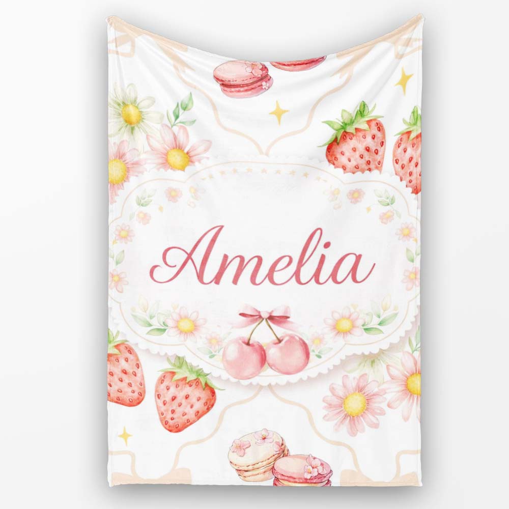 Strawberry Cherry Daisy White Beige Outline Cute Coquette Floral  Personalised Custom Name Super Soft Fleece Blanket Bed Sofa Throw