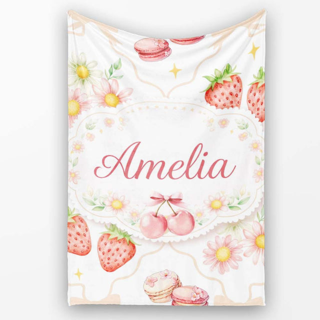 Strawberry Cherry Daisy White Beige Outline Cute Coquette Floral  Personalised Custom Name Super Soft Fleece Blanket Bed Sofa Throw