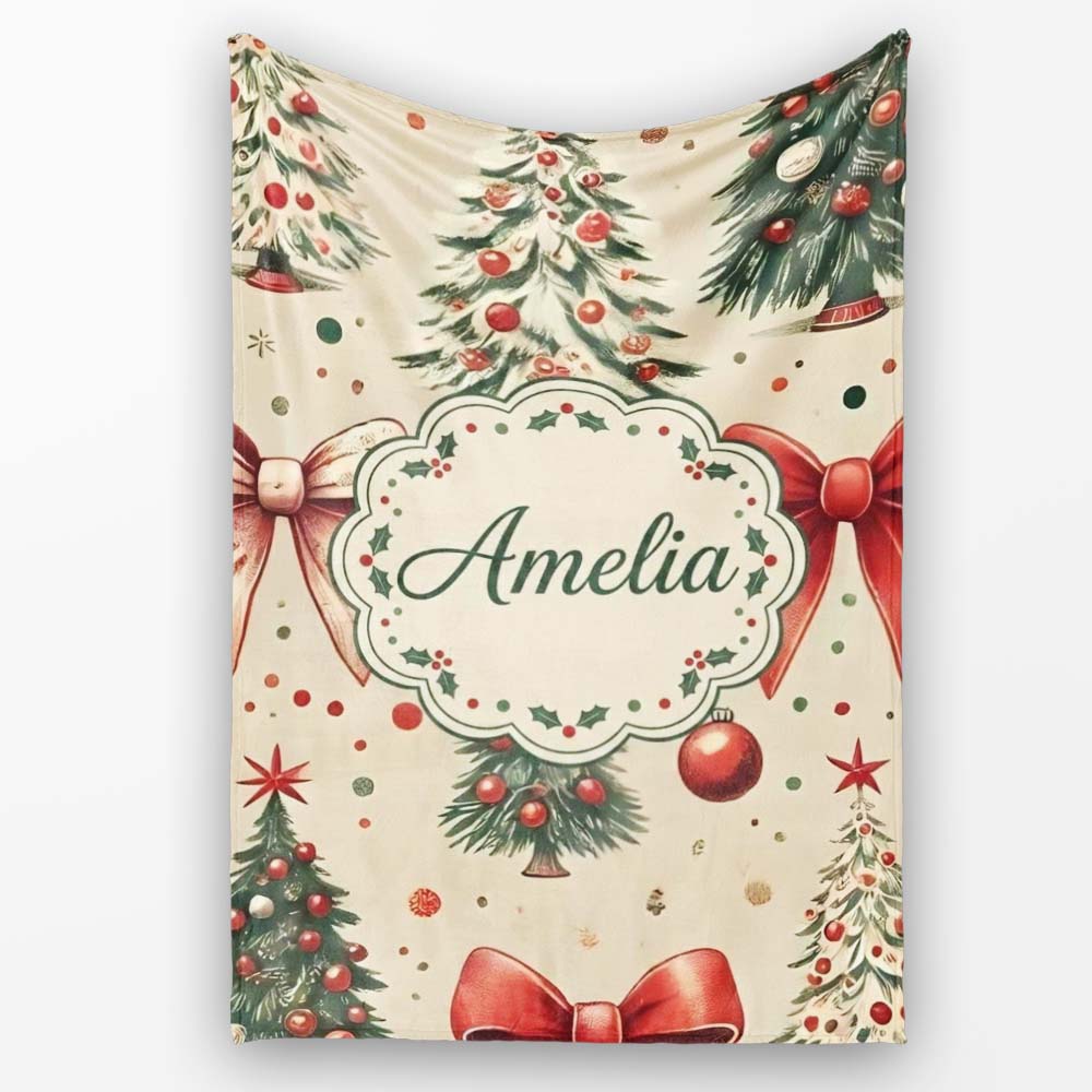 Vintage Christmas Tree with Red Bows Ornaments and Snowflakes  Personalised Custom Name Super Soft Fleece Blanket Bed Sofa Throw