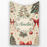 Vintage Christmas Tree with Red Bows Ornaments and Snowflakes  Personalised Custom Name Super Soft Fleece Blanket Bed Sofa Throw