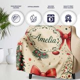 Vintage Christmas Tree with Red Bows Ornaments and Snowflakes  Personalised Custom Name Super Soft Fleece Blanket Bed Sofa Throw