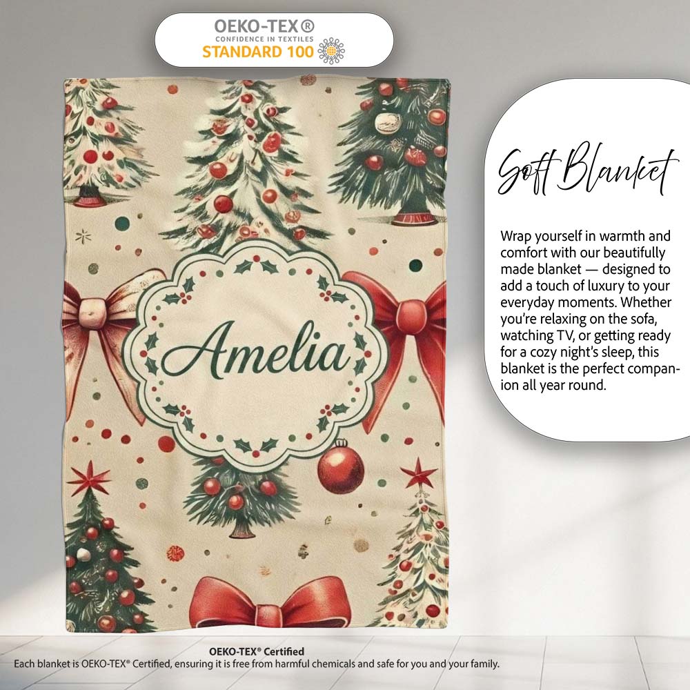 Vintage Christmas Tree with Red Bows Ornaments and Snowflakes  Personalised Custom Name Super Soft Fleece Blanket Bed Sofa Throw
