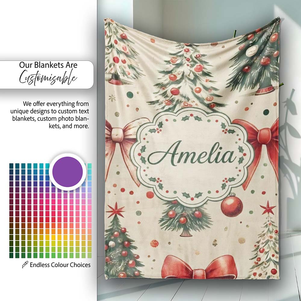 Vintage Christmas Tree with Red Bows Ornaments and Snowflakes  Personalised Custom Name Super Soft Fleece Blanket Bed Sofa Throw