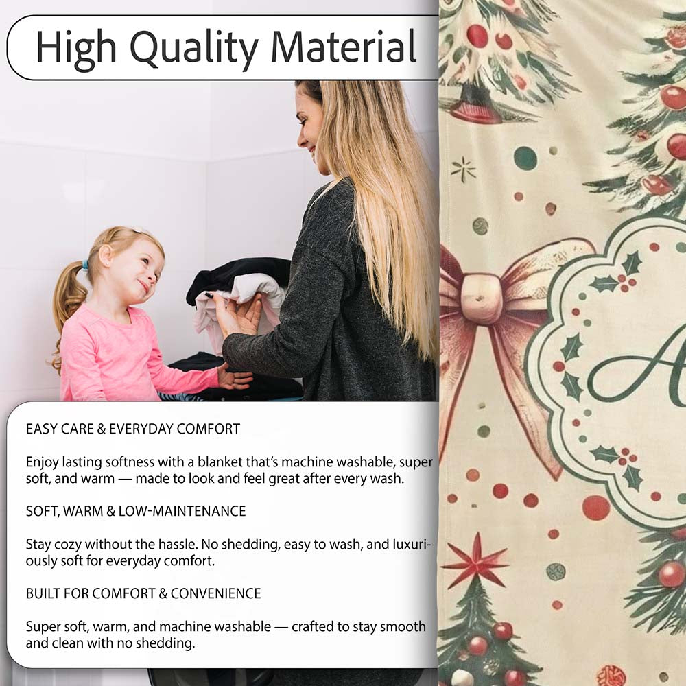 Vintage Christmas Tree with Red Bows Ornaments and Snowflakes  Personalised Custom Name Super Soft Fleece Blanket Bed Sofa Throw