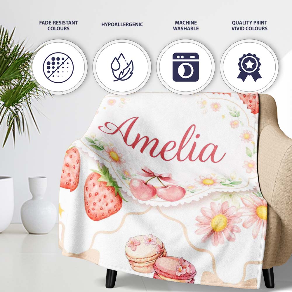 Strawberry Cherry Daisy White Beige Outline Cute Coquette Floral  Personalised Custom Name Super Soft Fleece Blanket Bed Sofa Throw