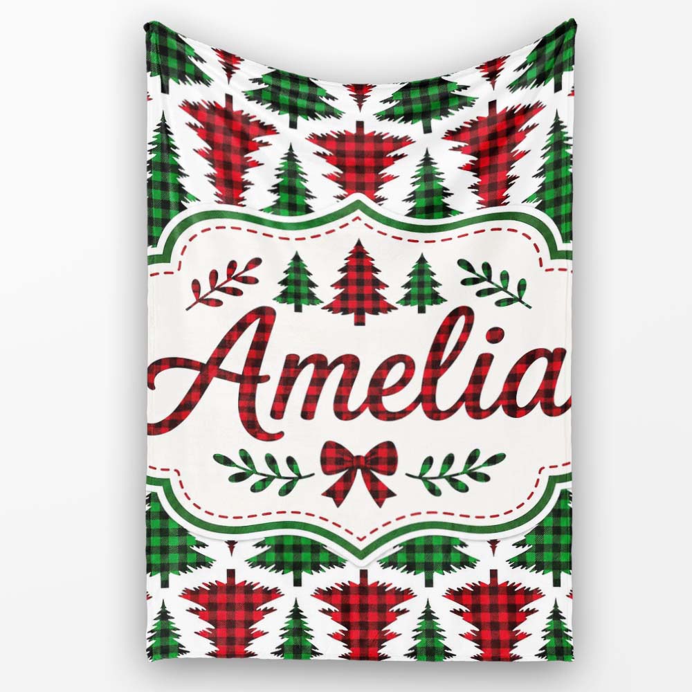 Buffalo Plaid Christmas Tree in Red and Green Rustic Seamless  Personalised Custom Name Super Soft Fleece Blanket Bed Sofa Throw