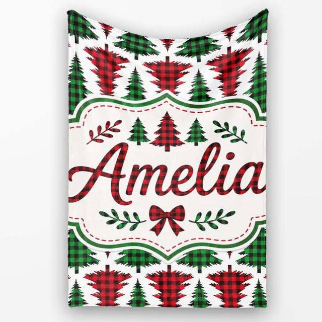 Buffalo Plaid Christmas Tree in Red and Green Rustic Seamless  Personalised Custom Name Super Soft Fleece Blanket Bed Sofa Throw