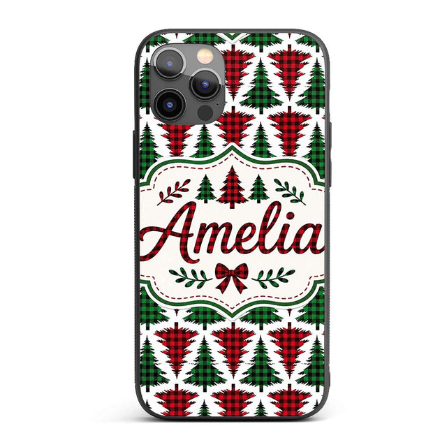 Buffalo Plaid Christmas Tree in Red and Green Custom Name Protective Phone Case Mobile Cover Durable Everyday Smartphone Shock Resistant