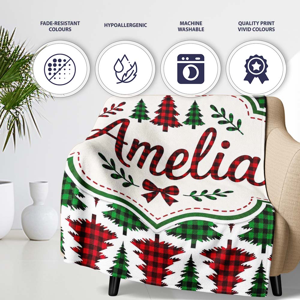 Buffalo Plaid Christmas Tree in Red and Green Rustic Seamless  Personalised Custom Name Super Soft Fleece Blanket Bed Sofa Throw