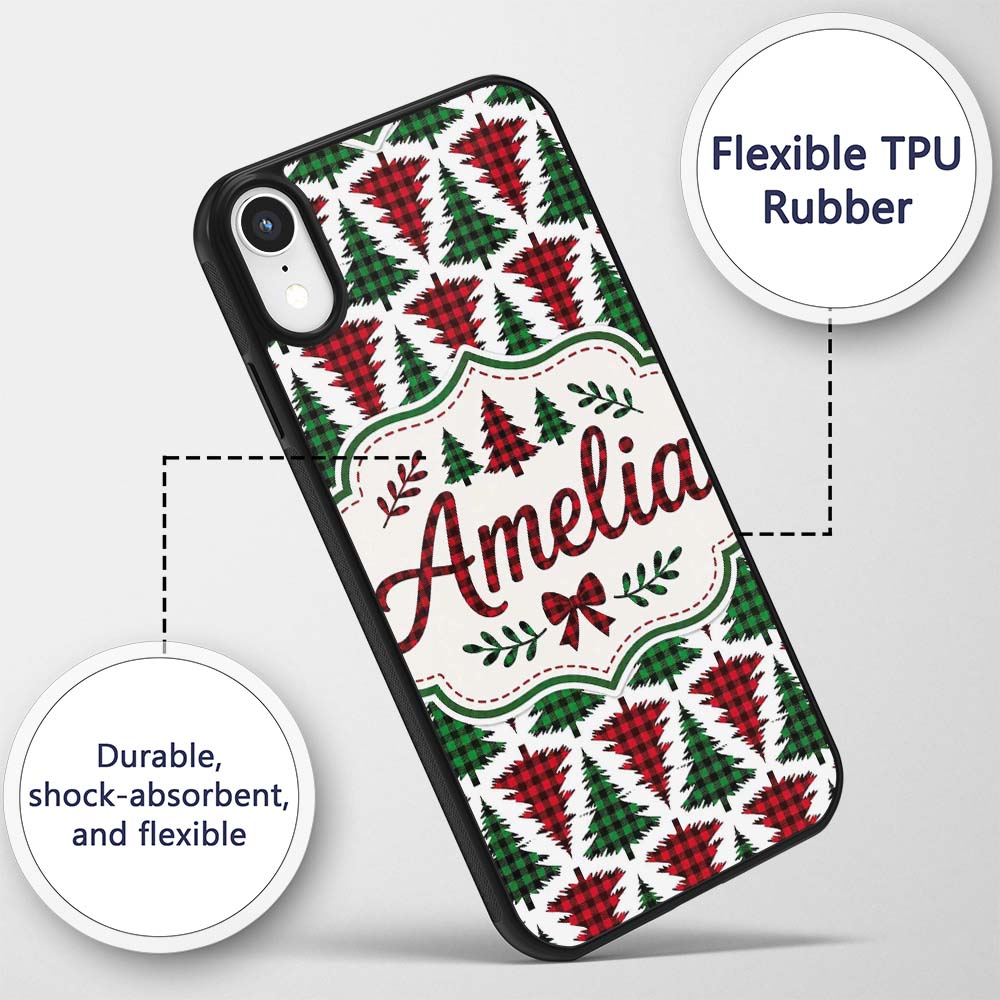 Buffalo Plaid Christmas Tree in Red and Green Custom Name Protective Phone Case Mobile Cover Durable Everyday Smartphone Shock Resistant