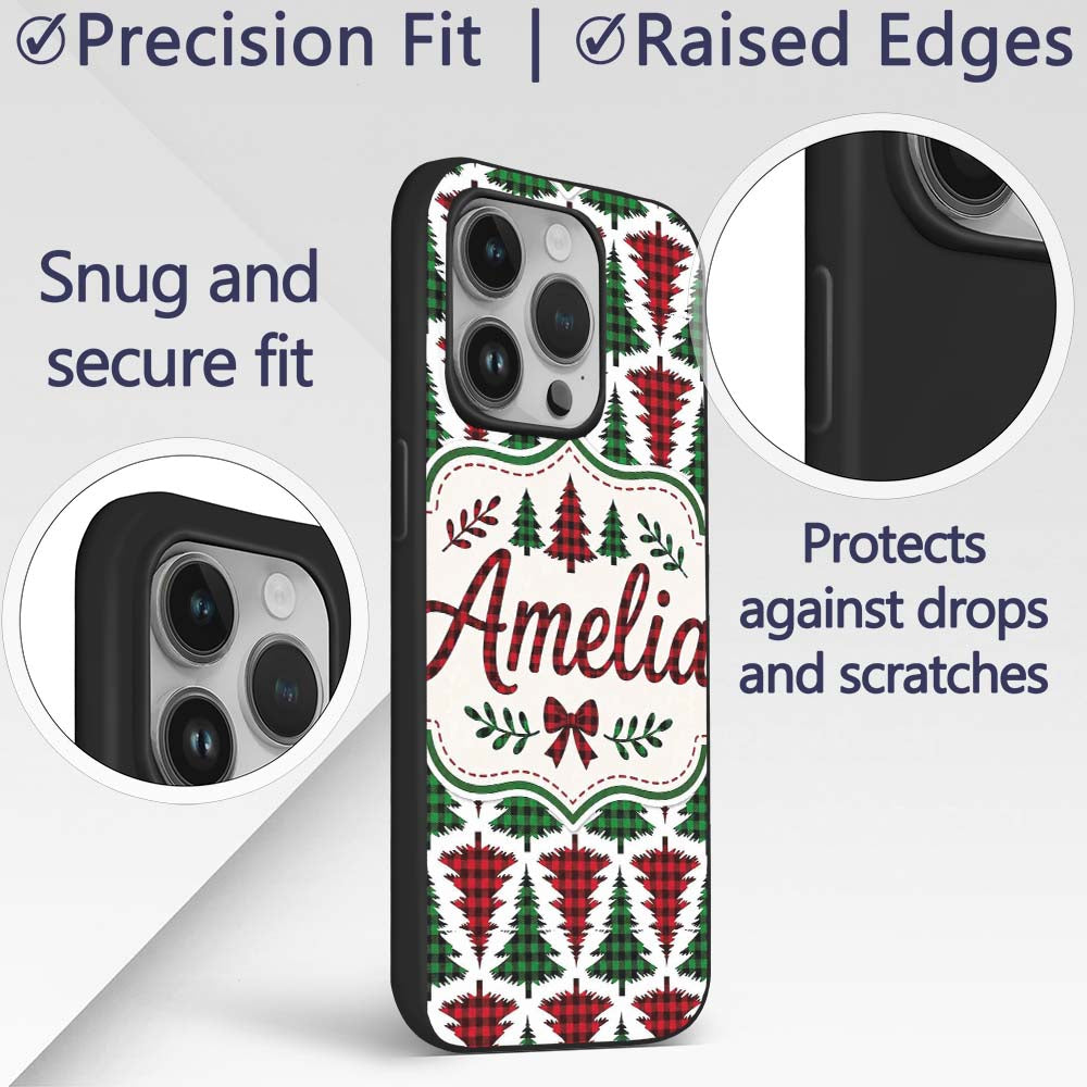 Buffalo Plaid Christmas Tree in Red and Green Custom Name Protective Phone Case Mobile Cover Durable Everyday Smartphone Shock Resistant