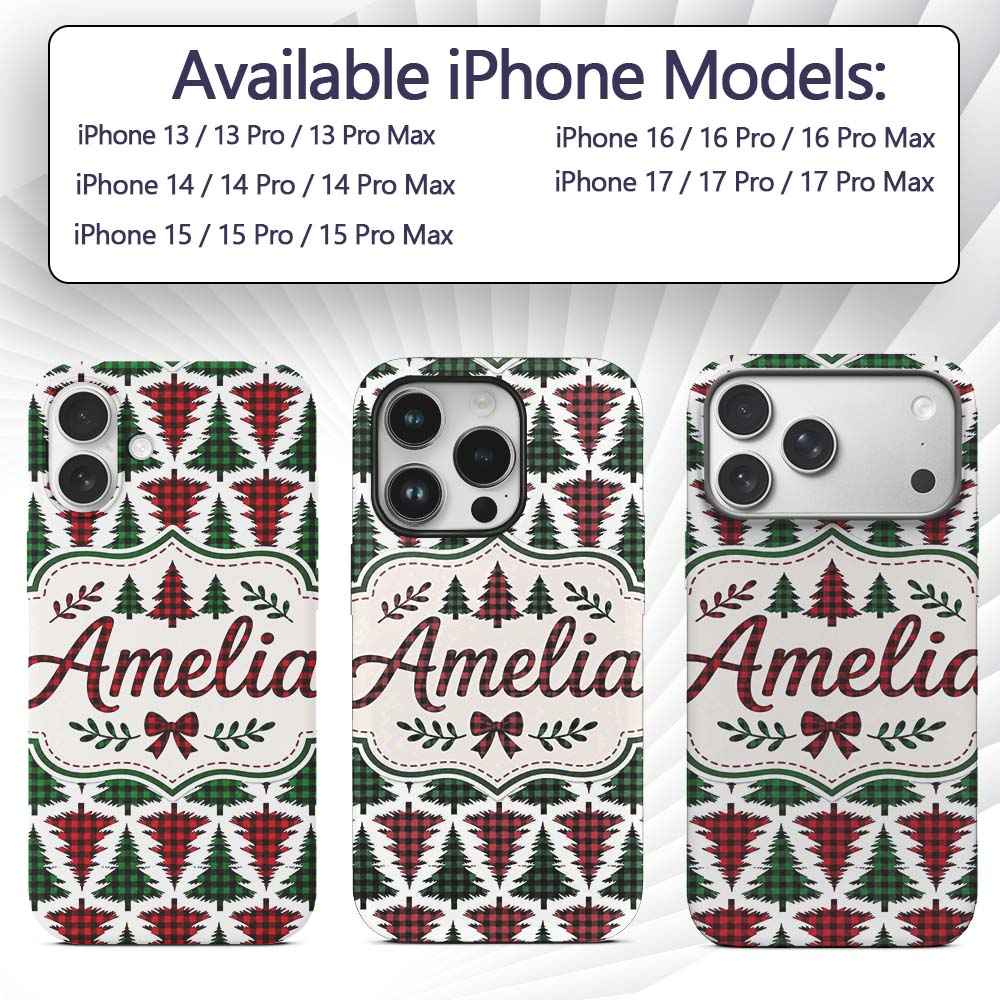 Buffalo Plaid Christmas Tree in Red and Green Custom Name Protective Phone Case Mobile Cover Durable Everyday Smartphone Shock Resistant