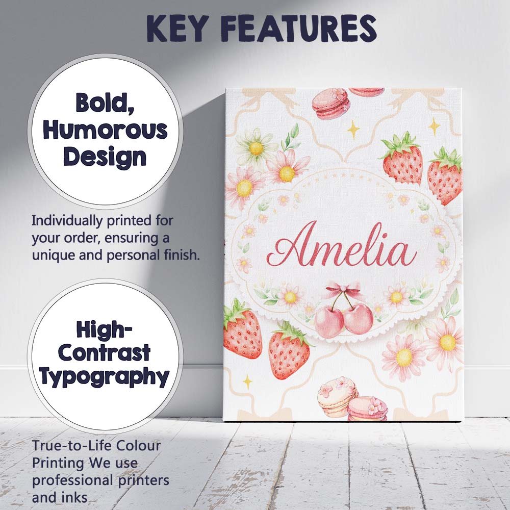 Personalised Name Strawberry Cherry Daisy White Beige Outline Cute Custom  Unique Canvas Wall Art Print Decor Picture Ready to Hang