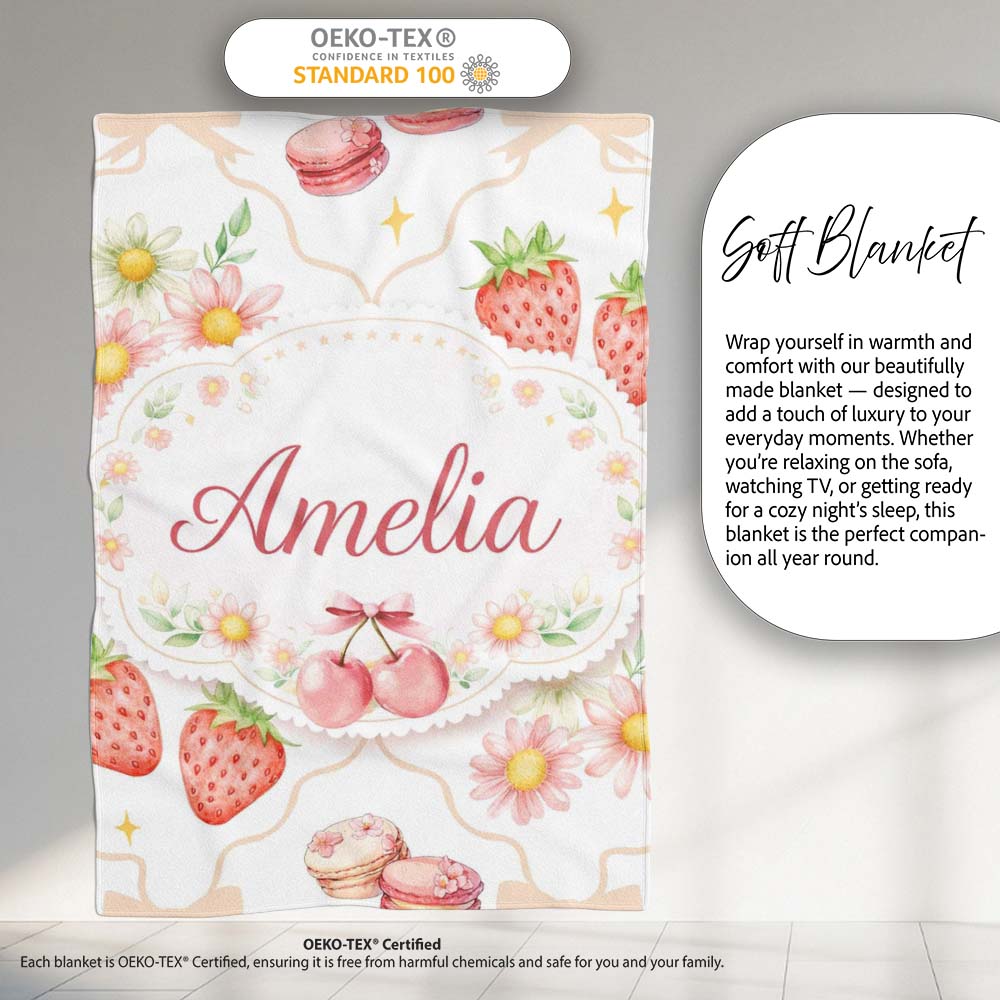 Strawberry Cherry Daisy White Beige Outline Cute Coquette Floral  Personalised Custom Name Super Soft Fleece Blanket Bed Sofa Throw
