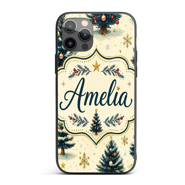 Watercolor Snowy Christmas Trees with Golden Custom Name Protective Phone Case Mobile Cover Durable Everyday Smartphone Shock Resistant