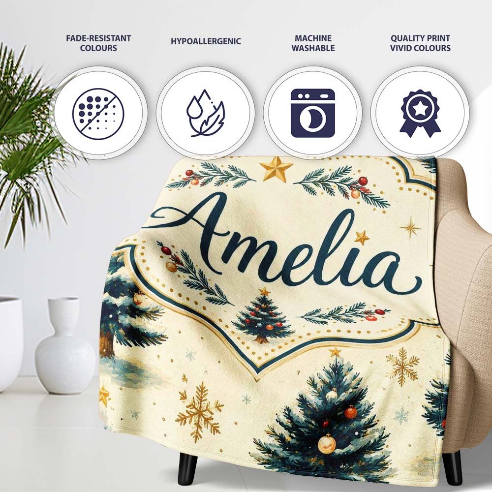 Watercolor Snowy Christmas Trees with Golden Snowflakes Seamless  Personalised Custom Name Super Soft Fleece Blanket Bed Sofa Throw