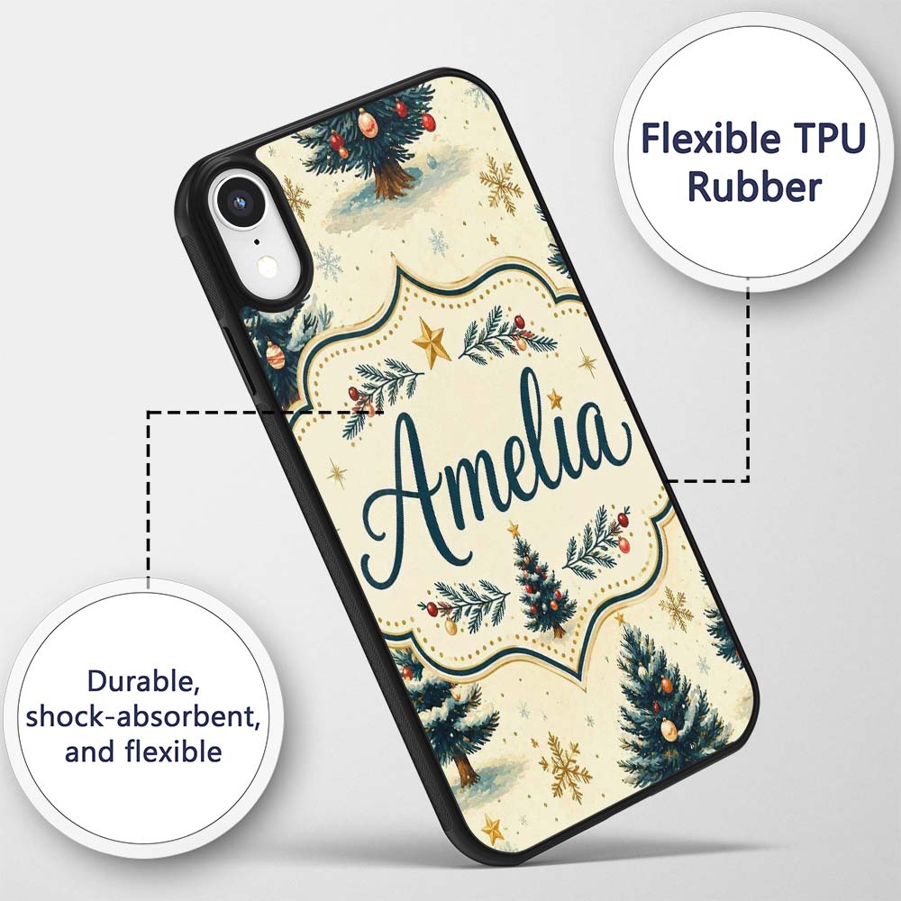 Watercolor Snowy Christmas Trees with Golden Custom Name Protective Phone Case Mobile Cover Durable Everyday Smartphone Shock Resistant