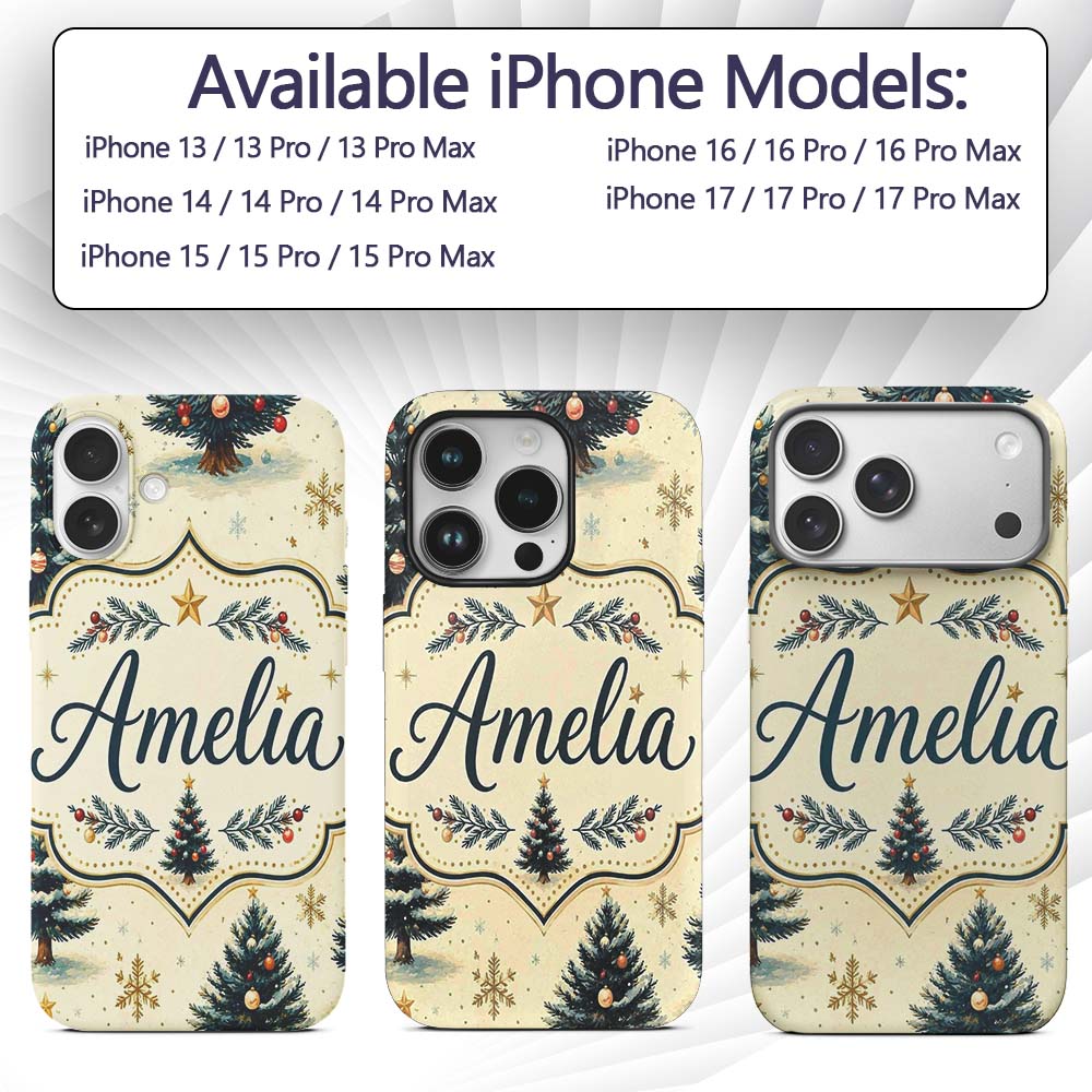 Watercolor Snowy Christmas Trees with Golden Custom Name Protective Phone Case Mobile Cover Durable Everyday Smartphone Shock Resistant
