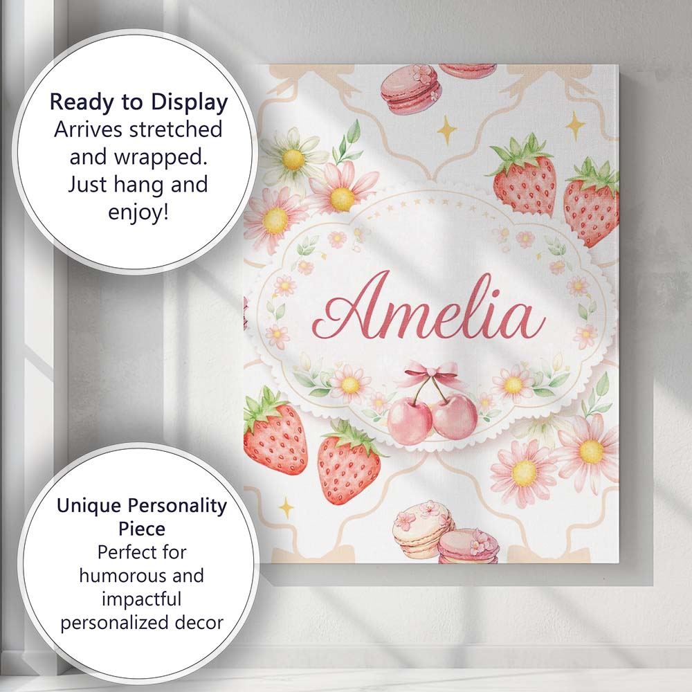 Personalised Name Strawberry Cherry Daisy White Beige Outline Cute Custom  Unique Canvas Wall Art Print Decor Picture Ready to Hang