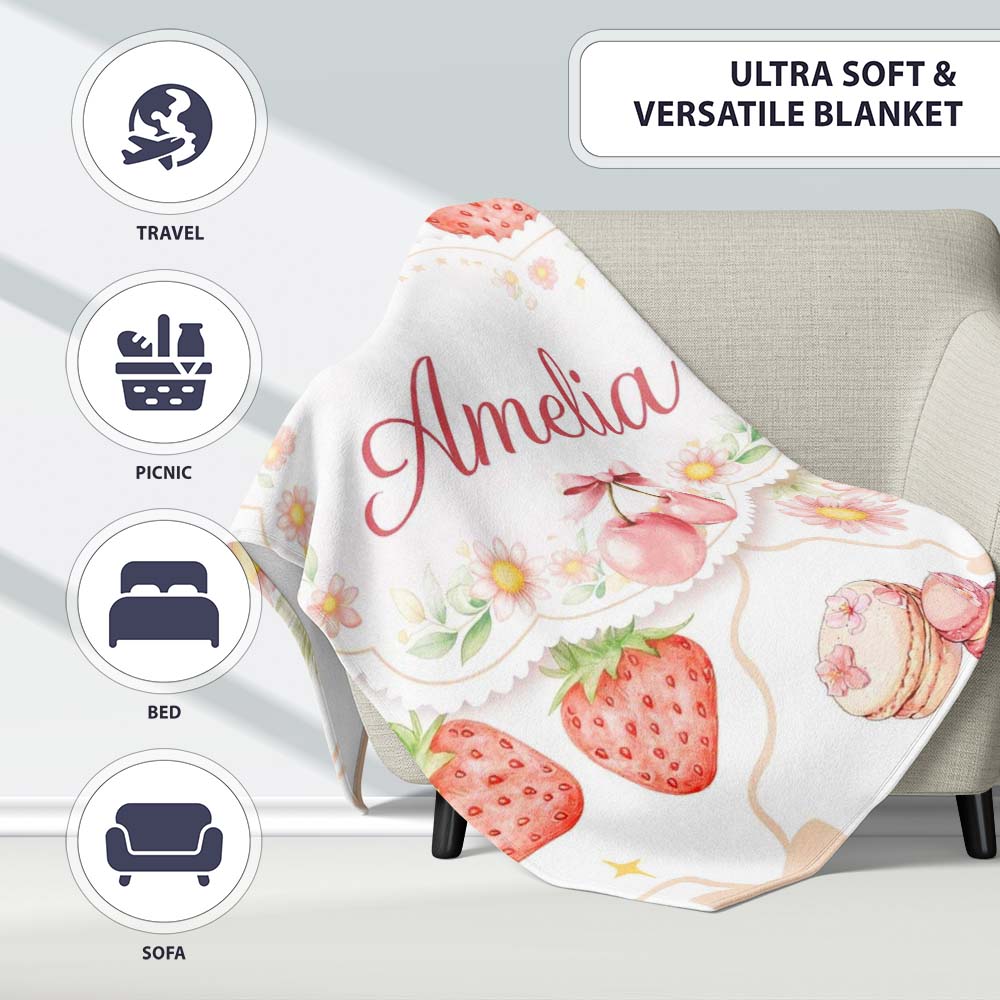 Strawberry Cherry Daisy White Beige Outline Cute Coquette Floral  Personalised Custom Name Super Soft Fleece Blanket Bed Sofa Throw