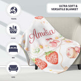 Strawberry Cherry Daisy White Beige Outline Cute Coquette Floral  Personalised Custom Name Super Soft Fleece Blanket Bed Sofa Throw