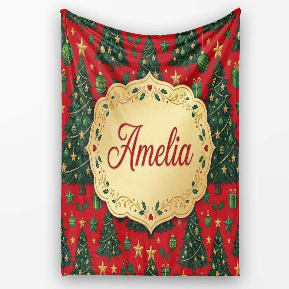Festive Christmas Trees with Gifts Stars and Ornaments on Red Lovely  Personalised Custom Name Super Soft Fleece Blanket Bed Sofa Throw