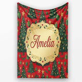 Festive Christmas Trees with Gifts Stars and Ornaments on Red Lovely  Personalised Custom Name Super Soft Fleece Blanket Bed Sofa Throw