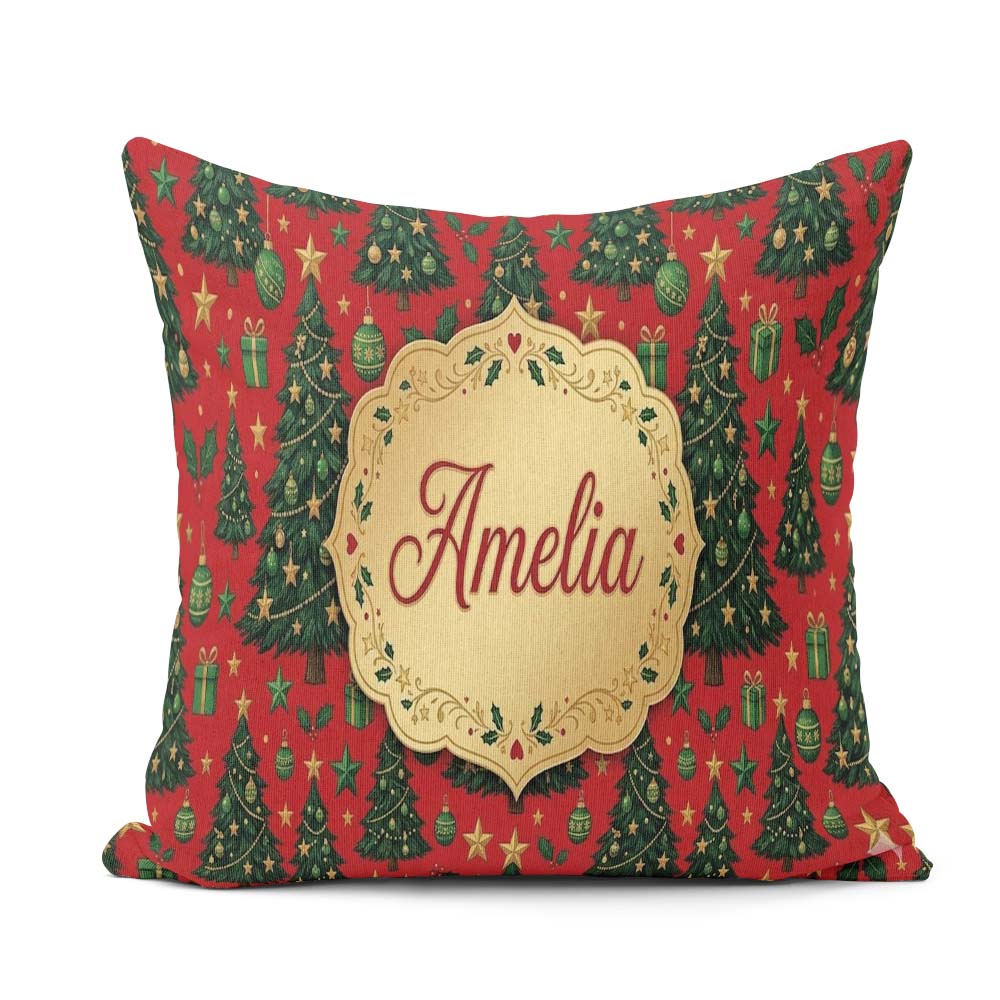 Custom Name Festive Christmas Trees with Gifts Stars and on Red Square Filled Cushion Throw Pillow Sofa Bed Home Decor Zip Washable UK Made