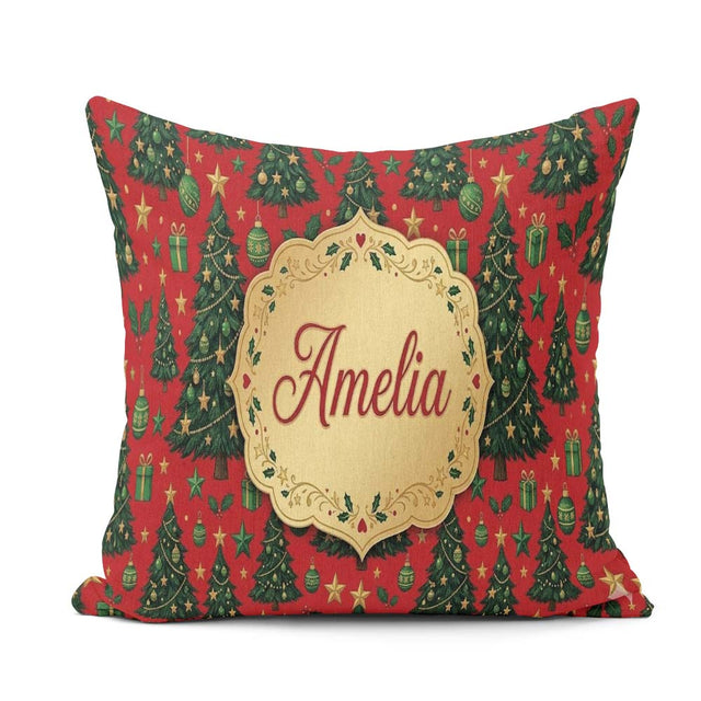 Custom Name Festive Christmas Trees with Gifts Stars and on Red Square Filled Cushion Throw Pillow Sofa Bed Home Decor Zip Washable UK Made