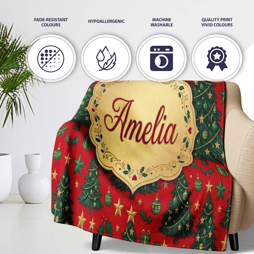 Festive Christmas Trees with Gifts Stars and Ornaments on Red Lovely  Personalised Custom Name Super Soft Fleece Blanket Bed Sofa Throw