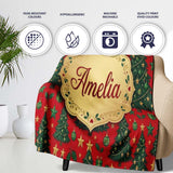 Festive Christmas Trees with Gifts Stars and Ornaments on Red Lovely  Personalised Custom Name Super Soft Fleece Blanket Bed Sofa Throw