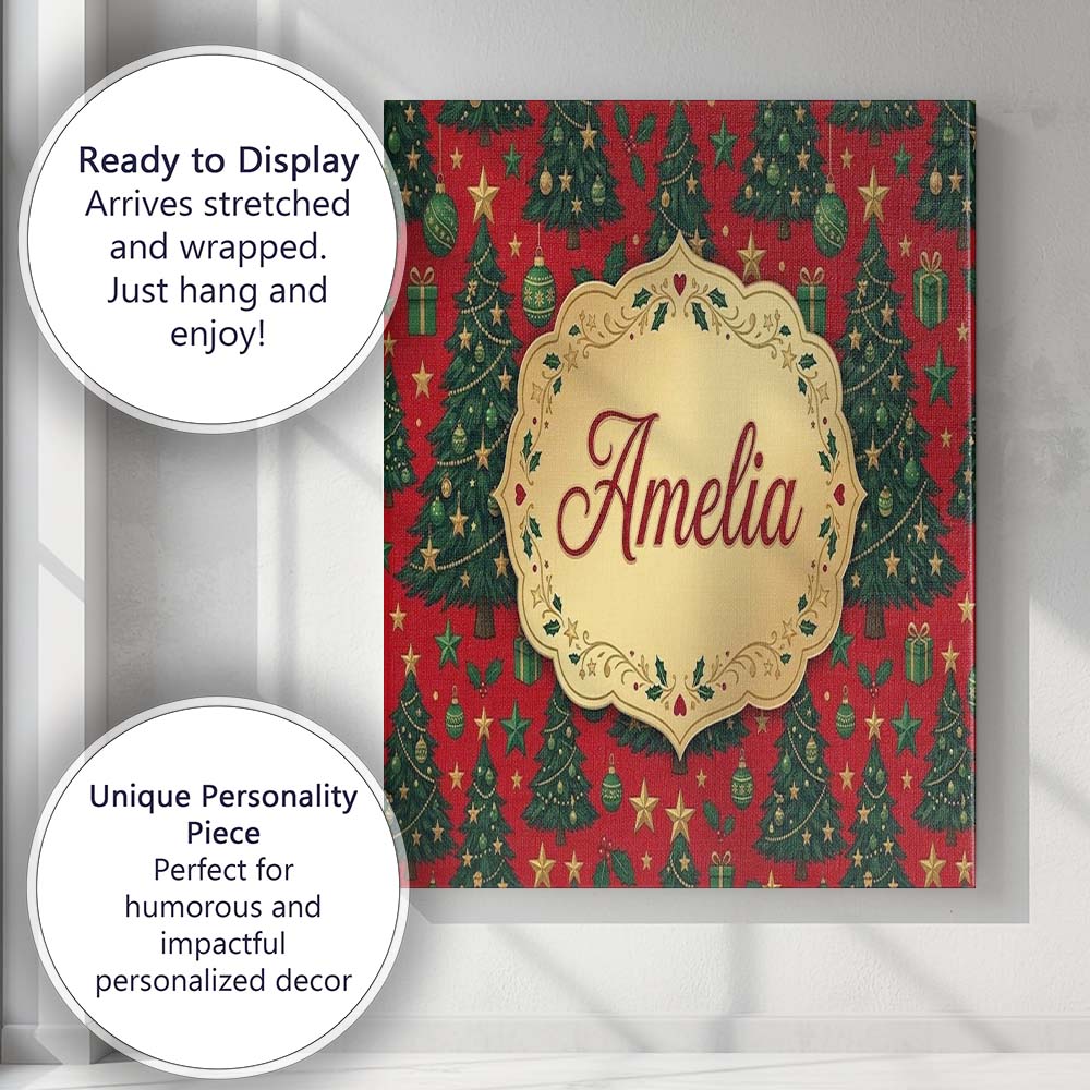 Personalised Name Festive Christmas Trees Custom  Unique Gift Idea Elegant Feature Canvas Wall Art Print Decor Picture Ready to Hang
