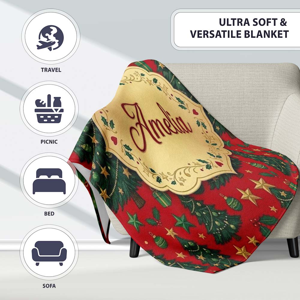 Festive Christmas Trees with Gifts Stars and Ornaments on Red Lovely  Personalised Custom Name Super Soft Fleece Blanket Bed Sofa Throw