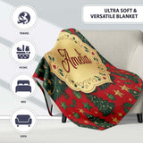 Festive Christmas Trees with Gifts Stars and Ornaments on Red Lovely  Personalised Custom Name Super Soft Fleece Blanket Bed Sofa Throw