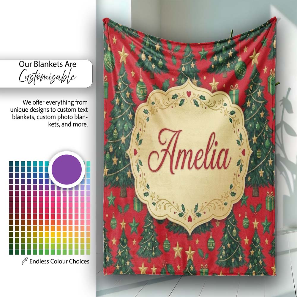 Festive Christmas Trees with Gifts Stars and Ornaments on Red Lovely  Personalised Custom Name Super Soft Fleece Blanket Bed Sofa Throw