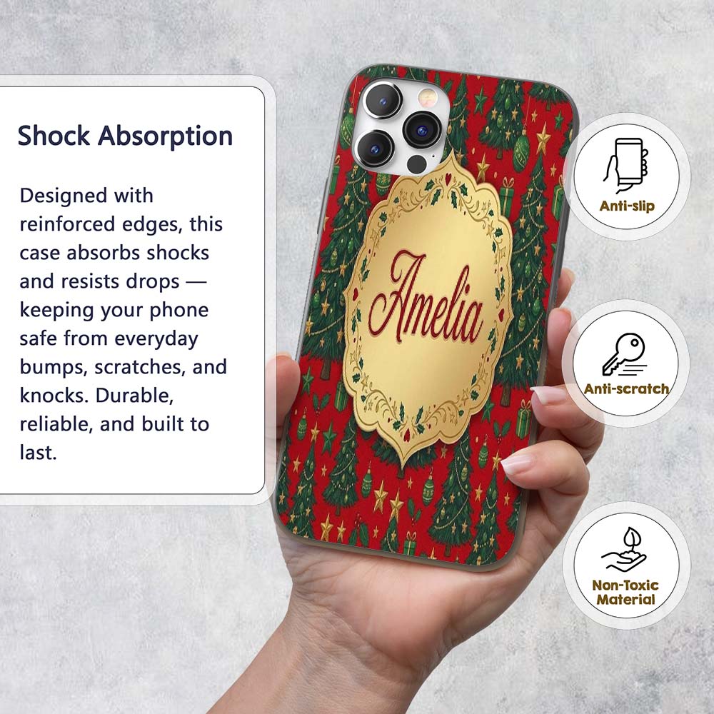 Festive Christmas Trees with Gifts Stars and Custom Name Protective Phone Case Mobile Cover Durable Everyday Smartphone Shock Resistant
