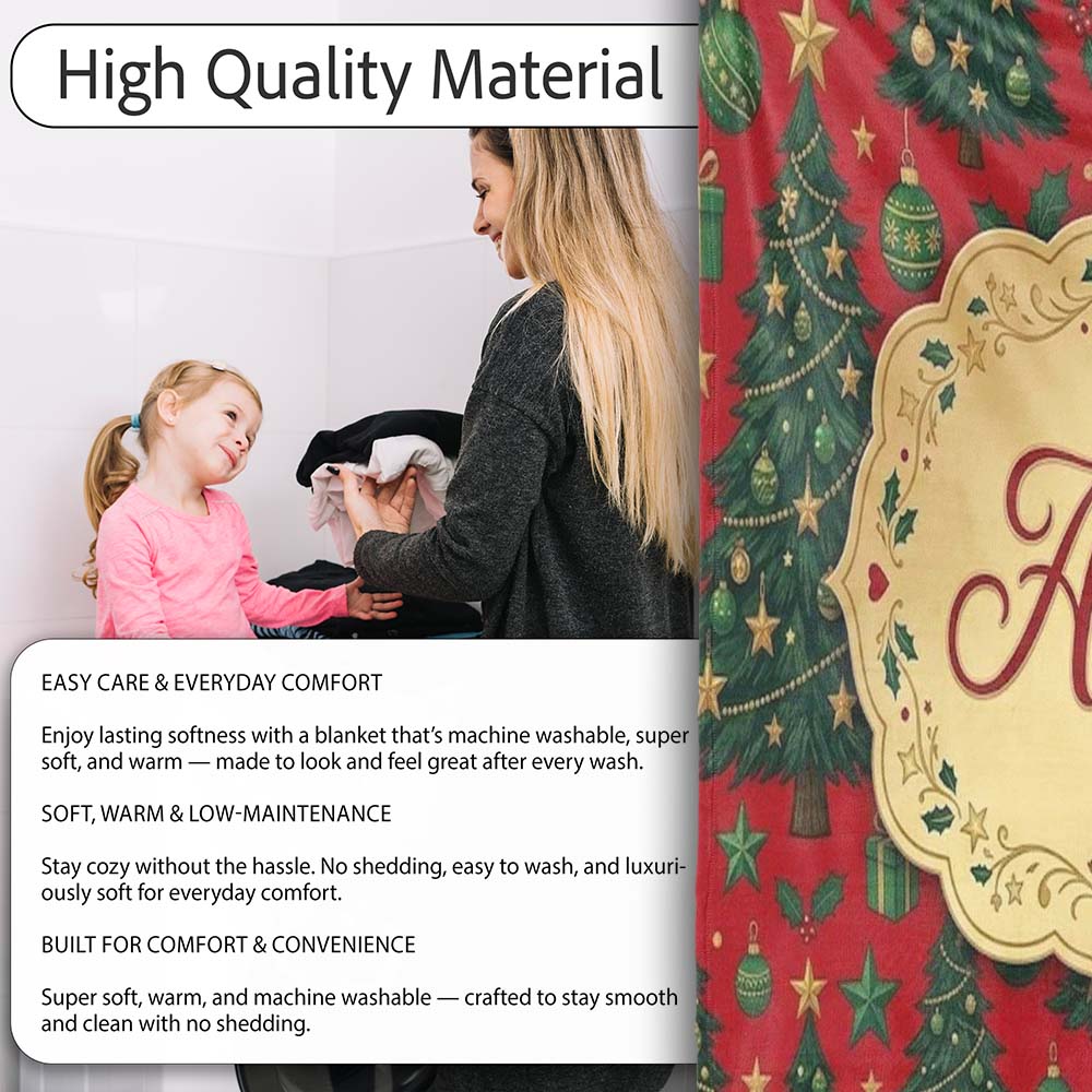 Festive Christmas Trees with Gifts Stars and Ornaments on Red Lovely  Personalised Custom Name Super Soft Fleece Blanket Bed Sofa Throw