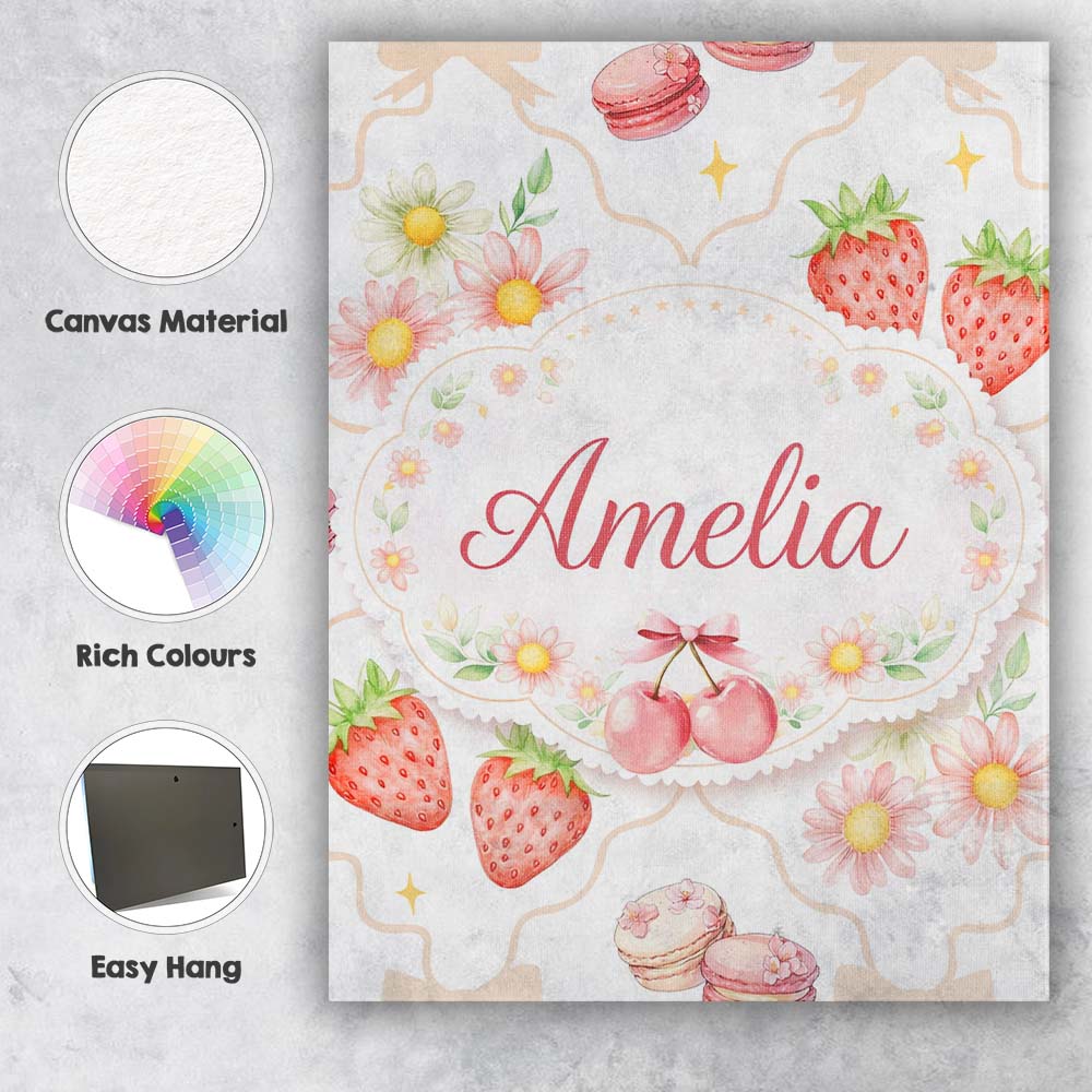 Personalised Name Strawberry Cherry Daisy White Beige Outline Cute Custom  Unique Canvas Wall Art Print Decor Picture Ready to Hang