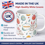 Personalized Custom Name Cute Easter Bunnies Eggs Spring Floral Seamless Pattern Lovely 11oz Ceramic Coffee Tea Mug White Large Handle