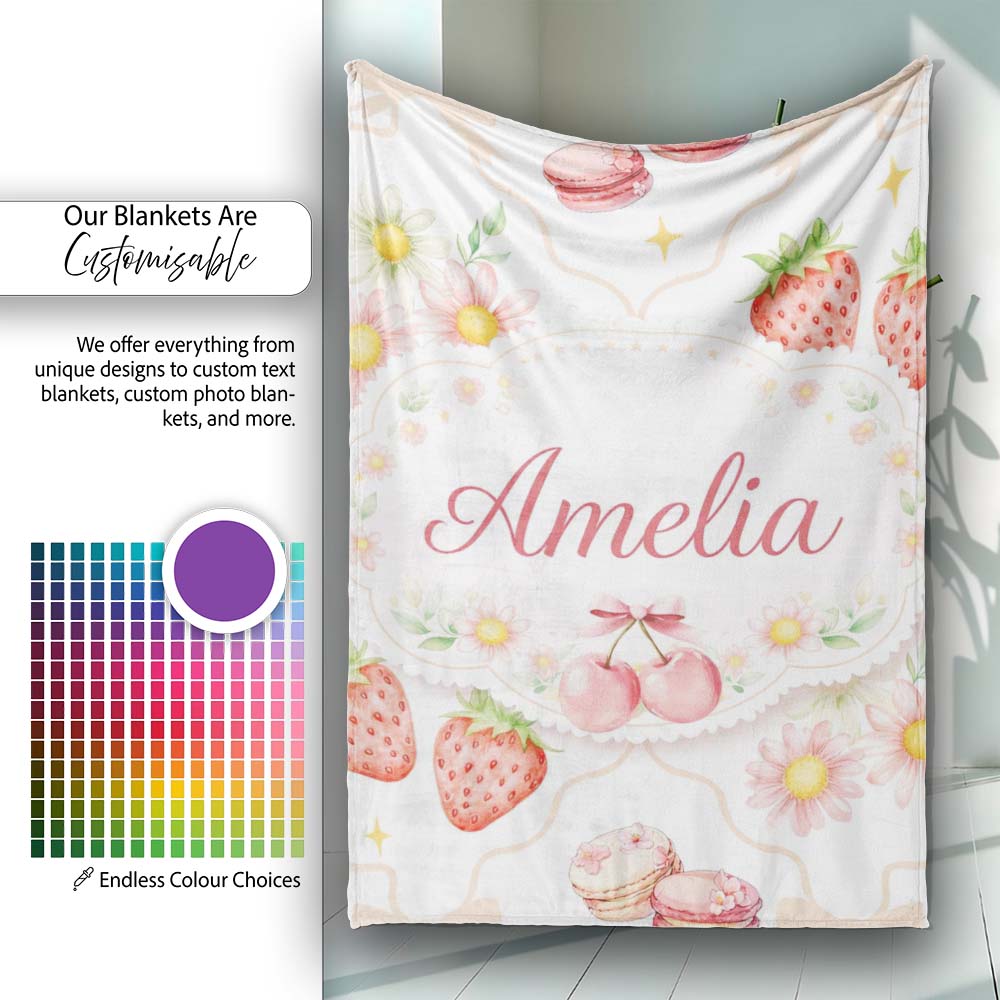 Strawberry Cherry Daisy White Beige Outline Cute Coquette Floral  Personalised Custom Name Super Soft Fleece Blanket Bed Sofa Throw