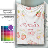 Strawberry Cherry Daisy White Beige Outline Cute Coquette Floral  Personalised Custom Name Super Soft Fleece Blanket Bed Sofa Throw