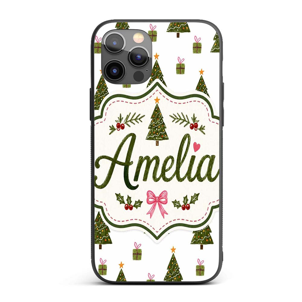 Minimal Christmas Trees with Gifts and Stars Cute Custom Name Protective Phone Case Mobile Cover Durable Everyday Smartphone Shock Resistant