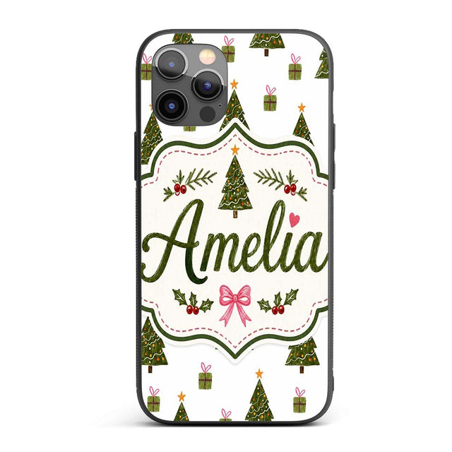 Minimal Christmas Trees with Gifts and Stars Cute Custom Name Protective Phone Case Mobile Cover Durable Everyday Smartphone Shock Resistant